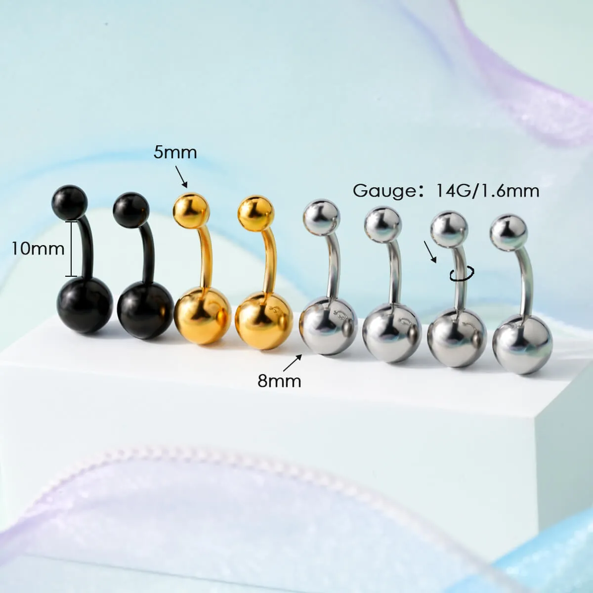 14G 8PCS 8/10/12/14mm Balls Top Belly Ring