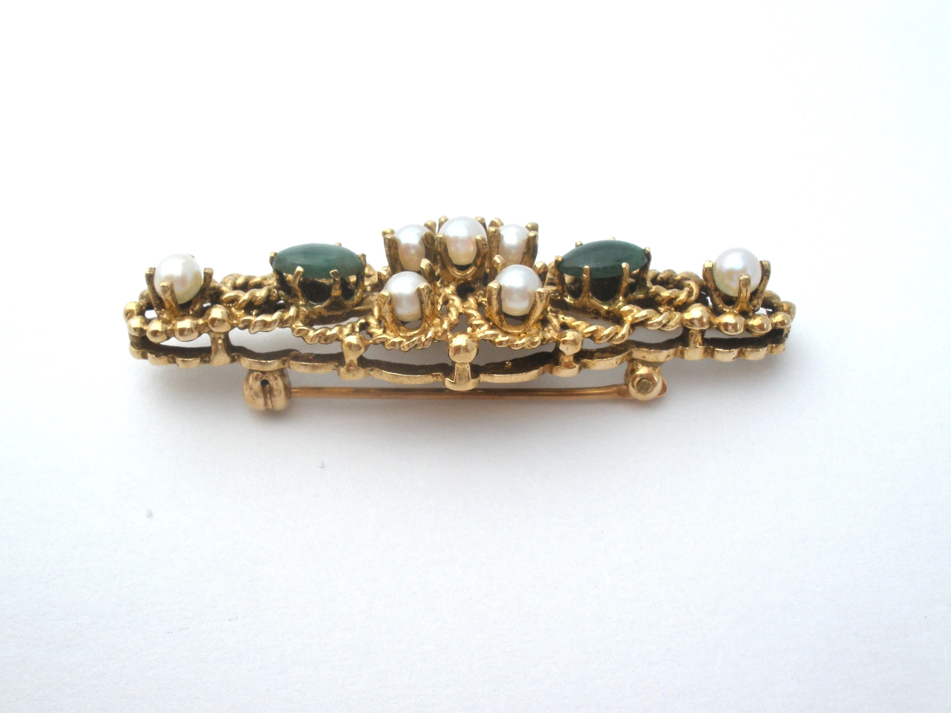 14K Gold Pearl & Jade Bar Pin Brooch