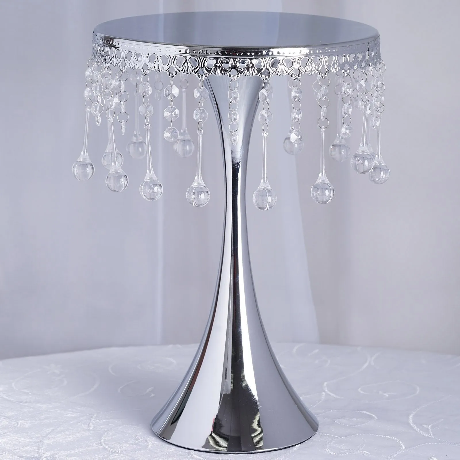 17" Tall Silver Metallic Trumpet Cake Riser Centerpiece with hanging Acrylic Crystal Chains