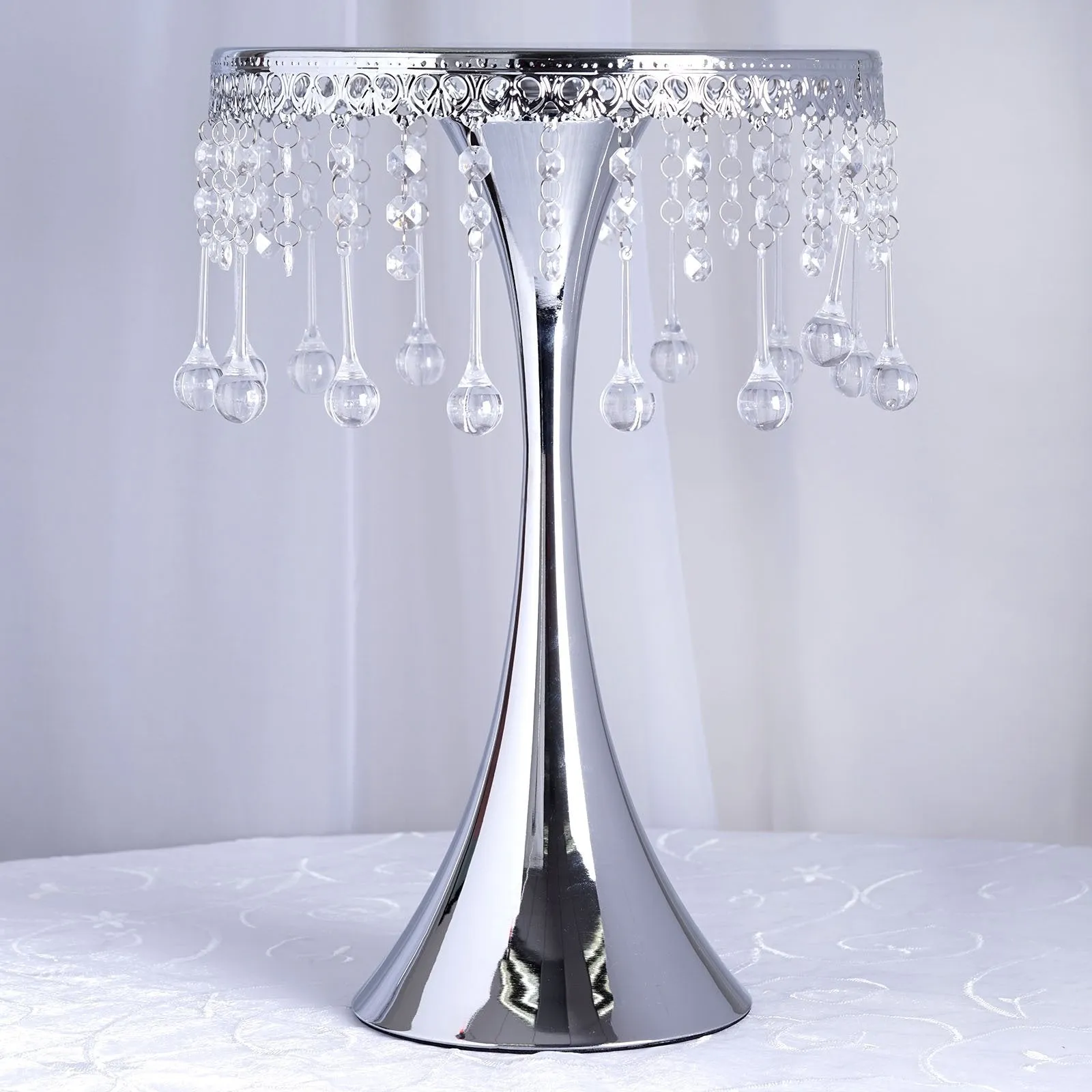 17" Tall Silver Metallic Trumpet Cake Riser Centerpiece with hanging Acrylic Crystal Chains