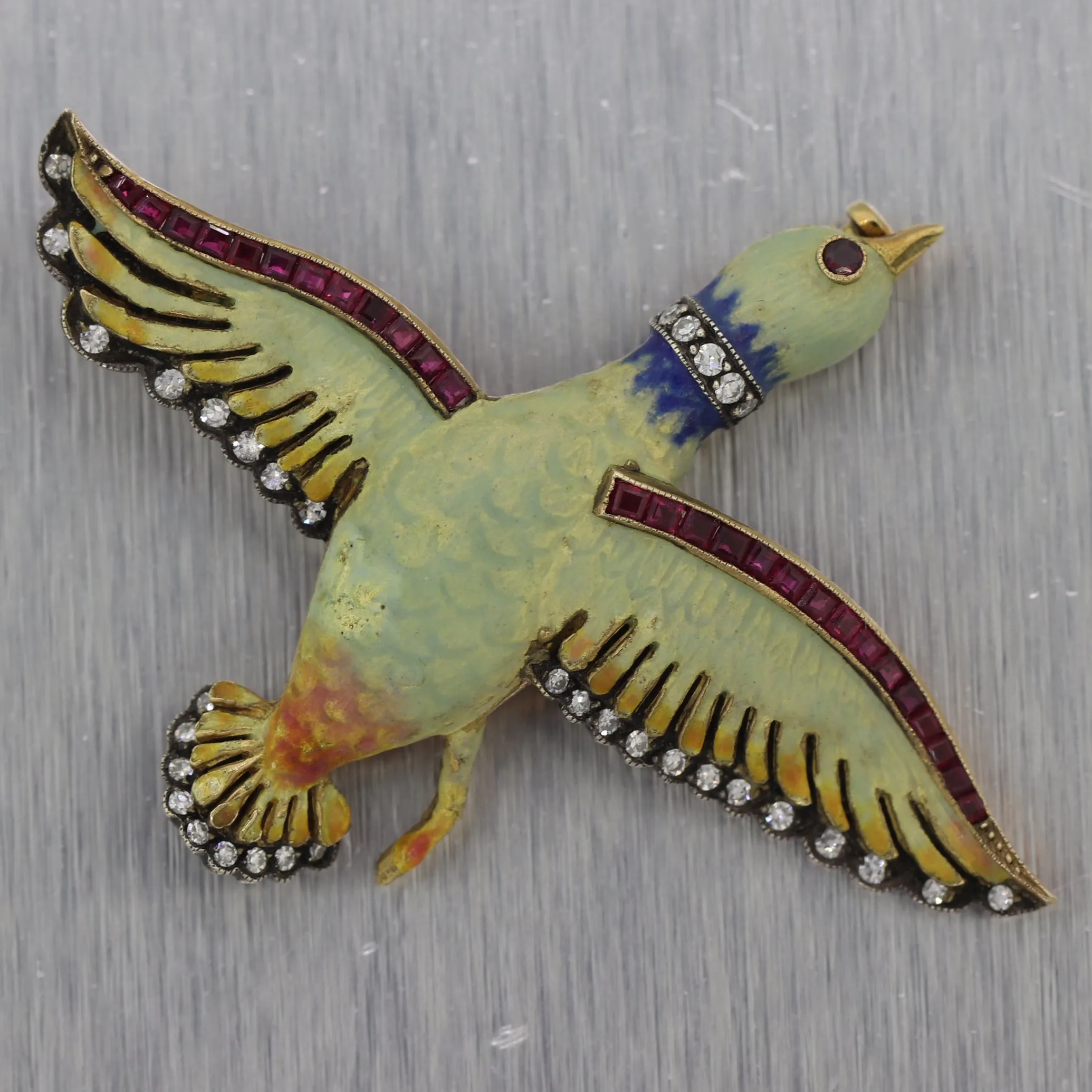 1890 Antique Victorian 18k Yellow Gold Silver Enamel & Diamond Bird Brooch Pin