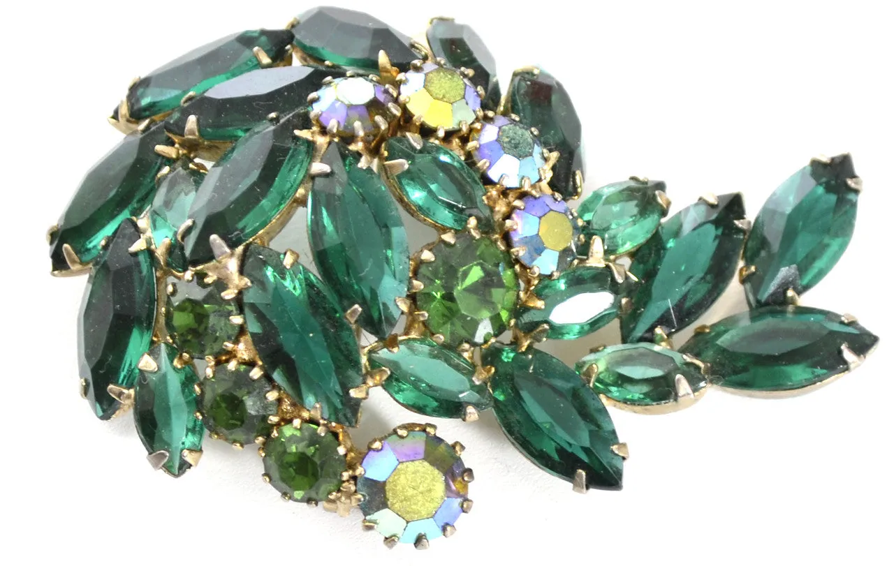 1950s Spectacular Open Back Green and Aurora Borealis Rhinestone Vintage Brooch