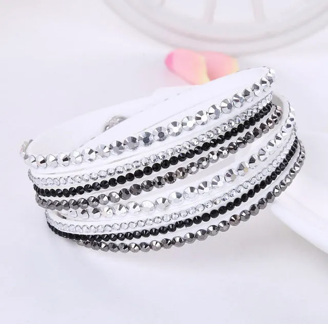 2016 New Leather Bracelet Rhinestone Crystal Bracelet Wrap Multilayer Bracelets for women feminino pulseras mulher Jewelry