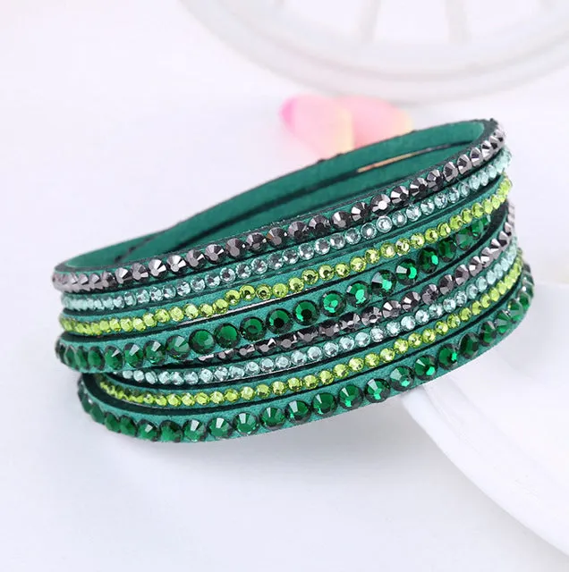 2016 New Leather Bracelet Rhinestone Crystal Bracelet Wrap Multilayer Bracelets for women feminino pulseras mulher Jewelry