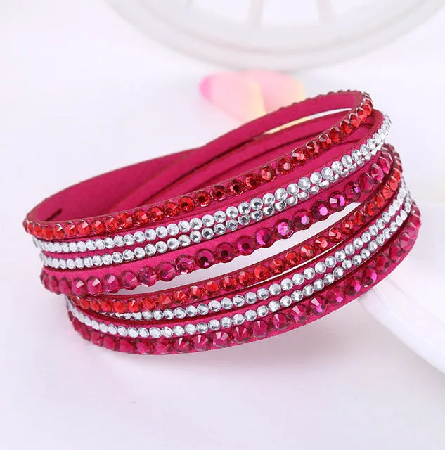 2016 New Leather Bracelet Rhinestone Crystal Bracelet Wrap Multilayer Bracelets for women feminino pulseras mulher Jewelry