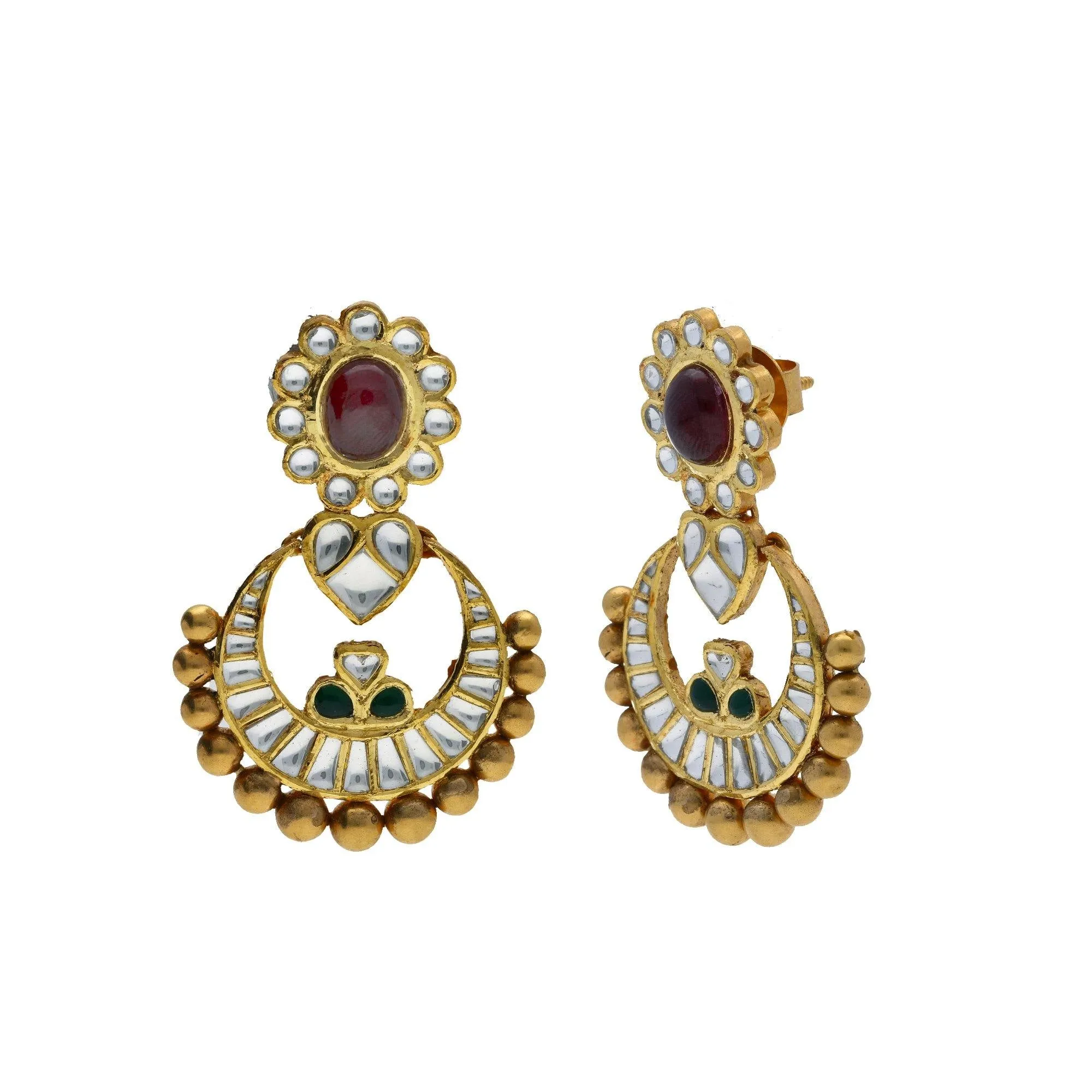 22K Yellow Antique Gold Chandbali Pendant & Earrings Set W/ Kundan, Rubies & Emeralds