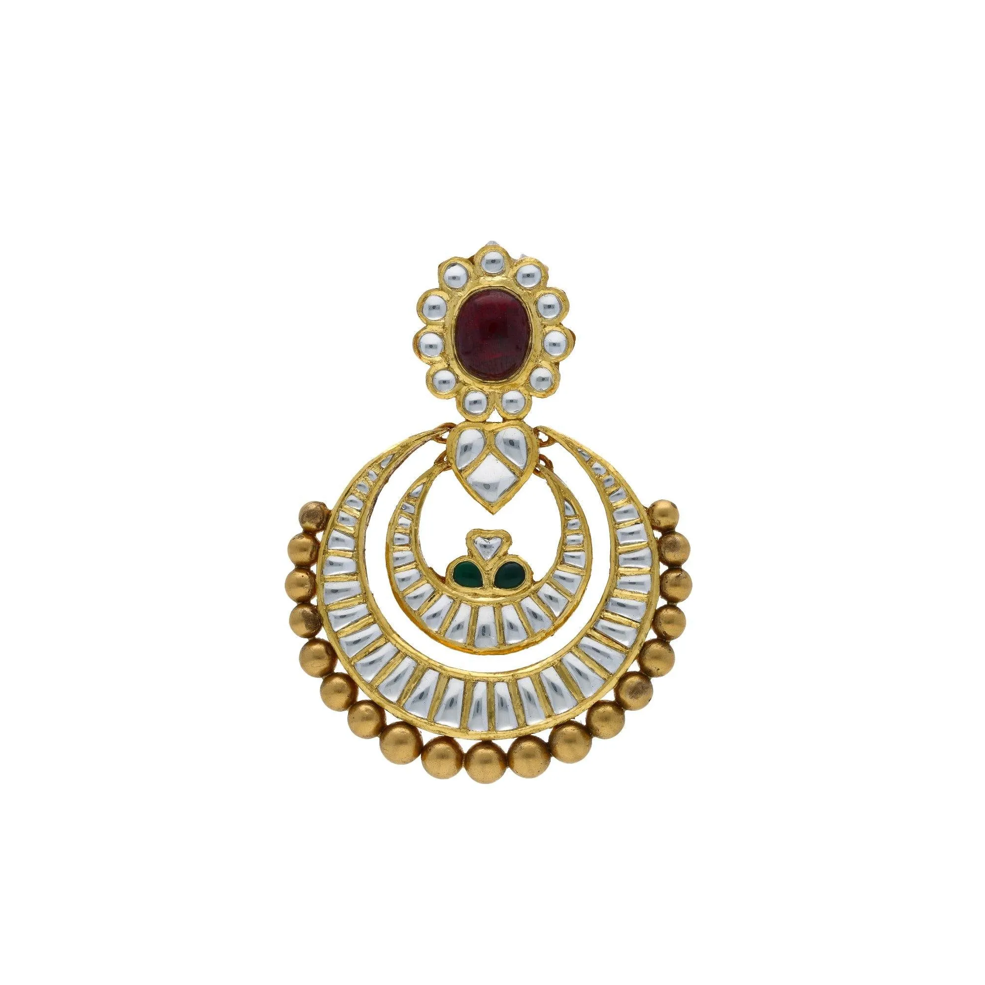 22K Yellow Antique Gold Chandbali Pendant & Earrings Set W/ Kundan, Rubies & Emeralds