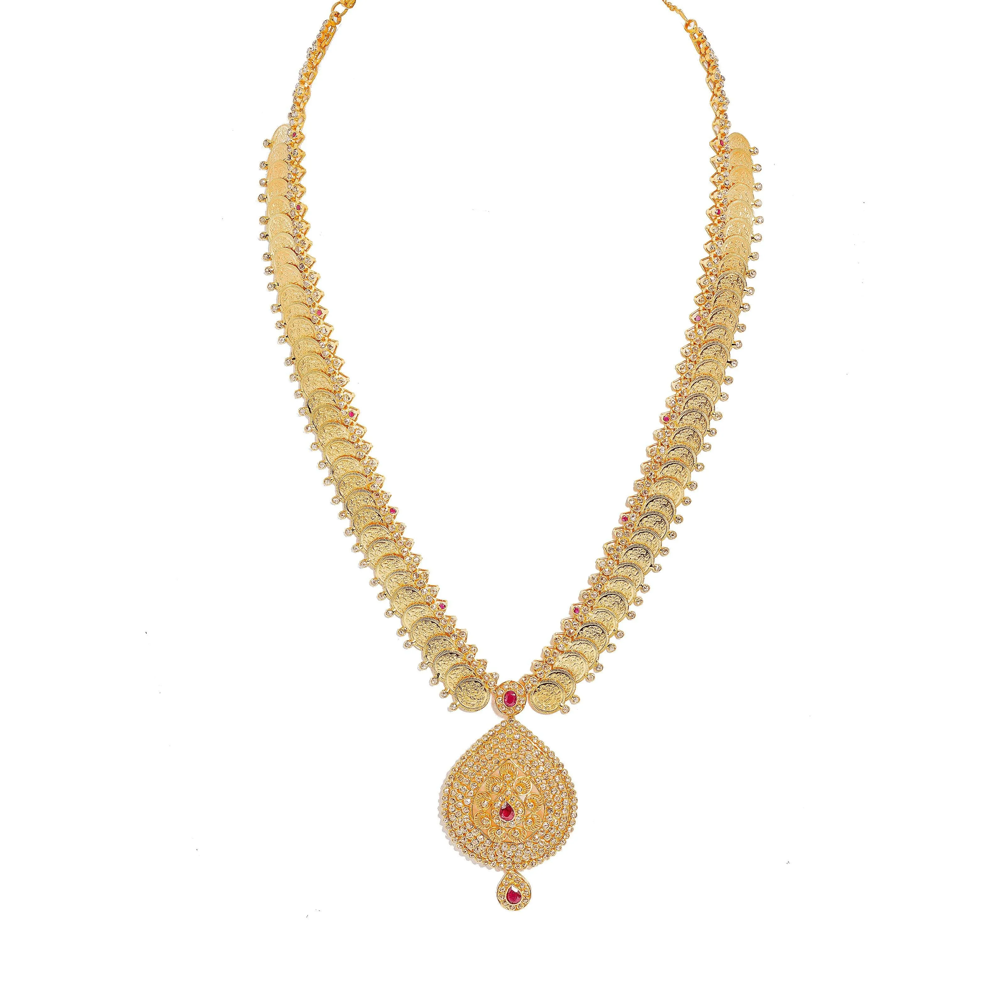 22K Yellow Gold Diamond Necklace & Earrings Set W/ 14.74ct Uncut Diamonds, Rubies & Laxmi Kasu on Deep V-Neck Pendant Necklace