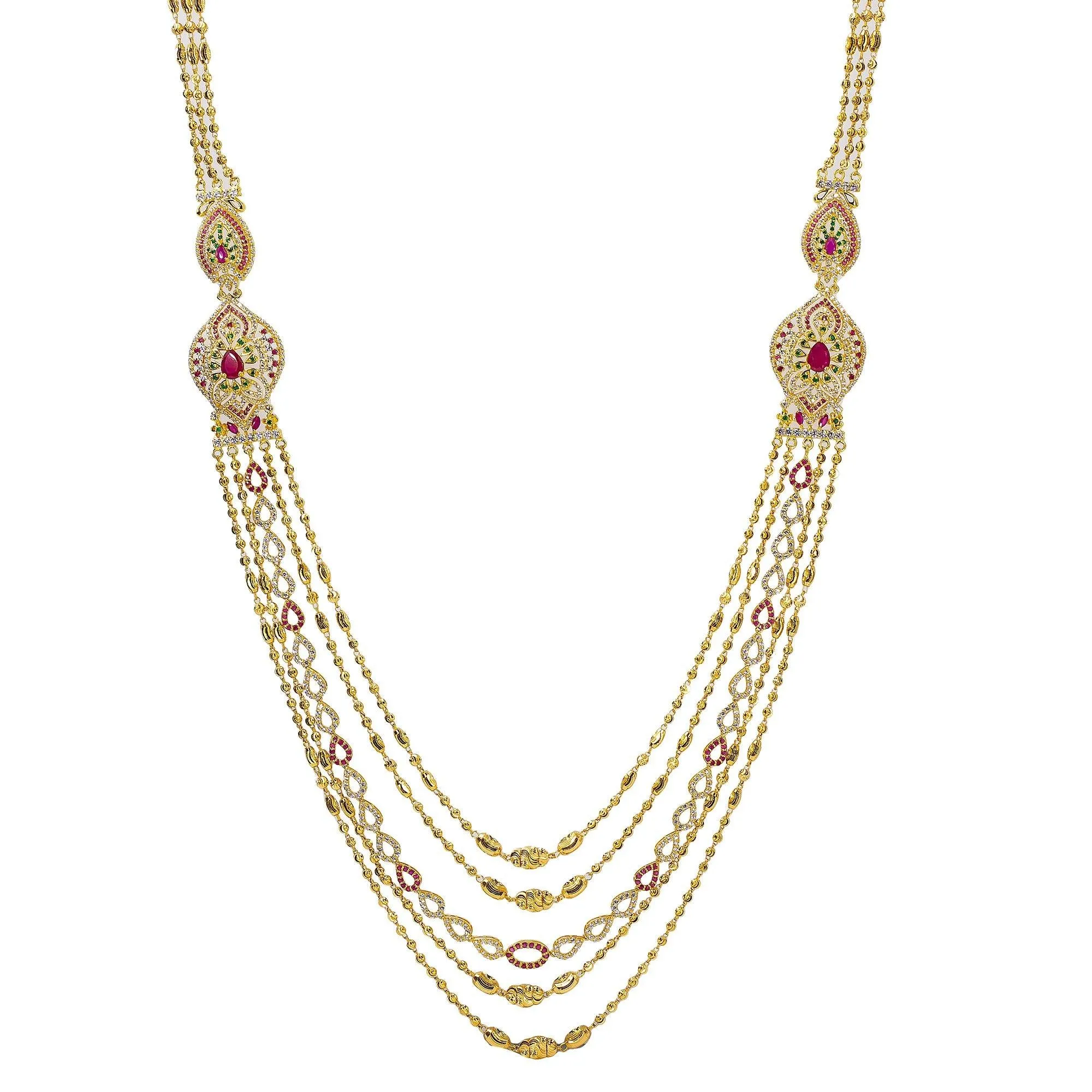 22K Yellow Gold Draping Strands Haaram Necklace W/ Emeralds, Rubies, CZ Gemstones & Side Pendants