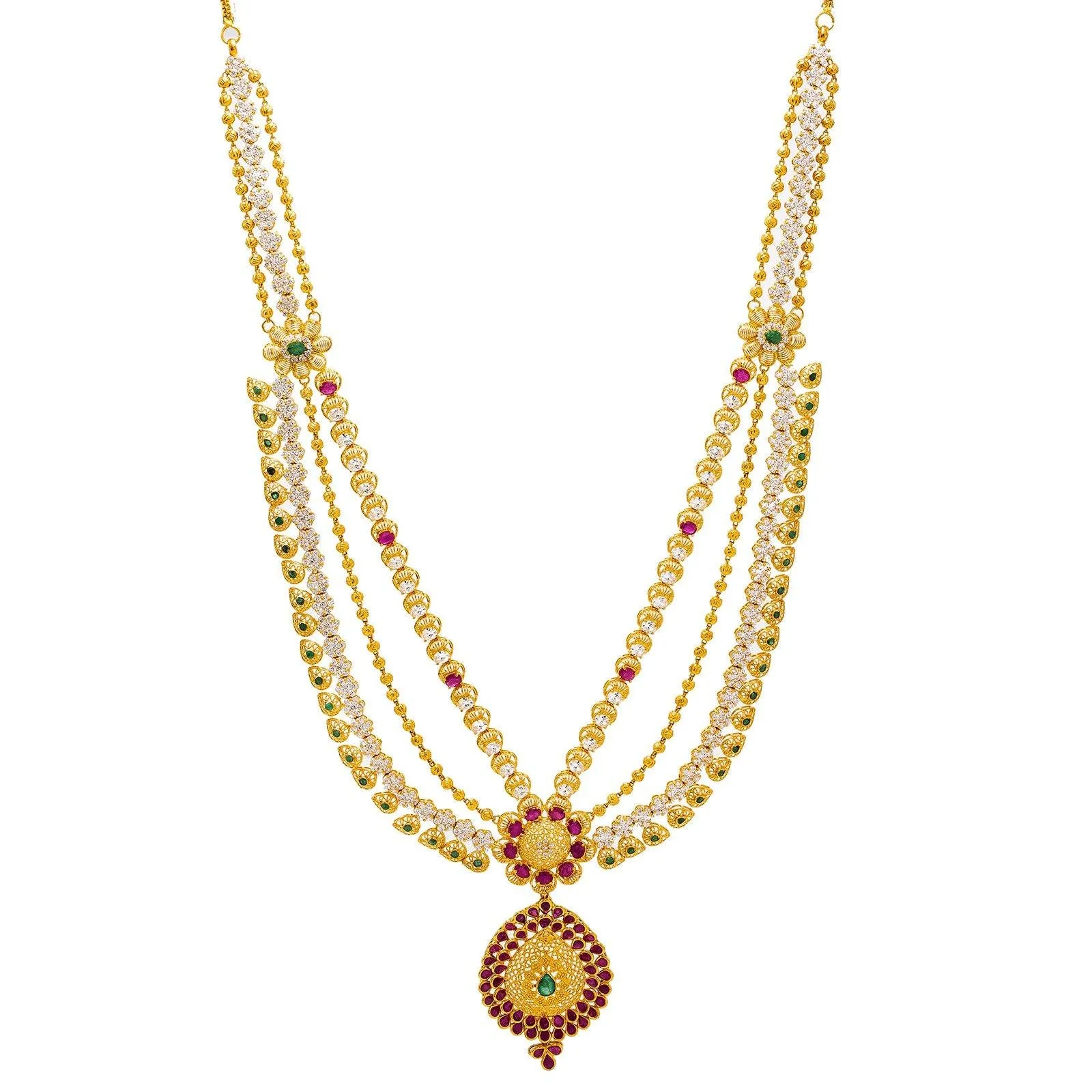 22K Yellow Gold Necklace & Earrings Set W/ Emeralds, Rubies, CZ Gems & Pear Pendants