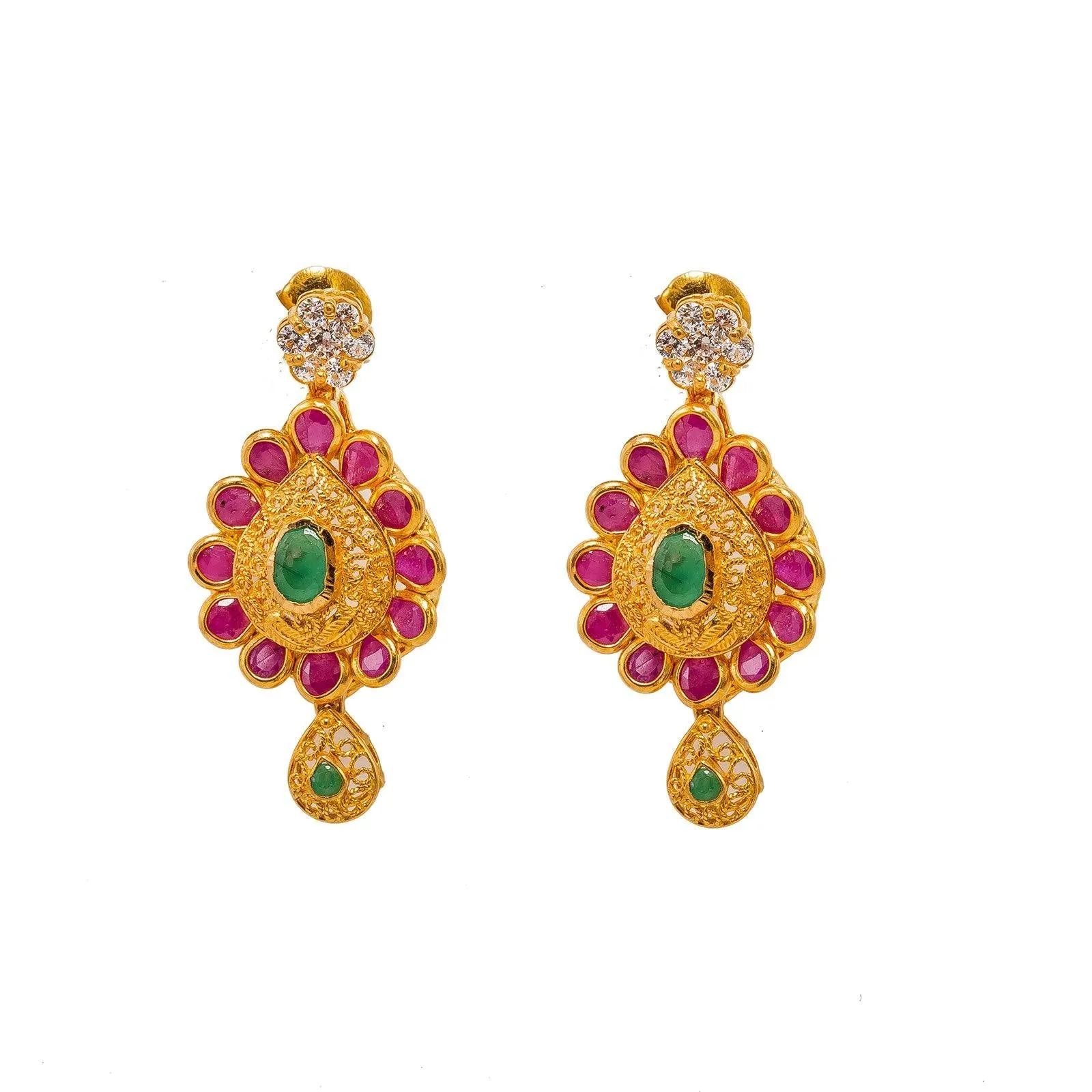 22K Yellow Gold Necklace & Earrings Set W/ Emeralds, Rubies, CZ Gems & Pear Pendants