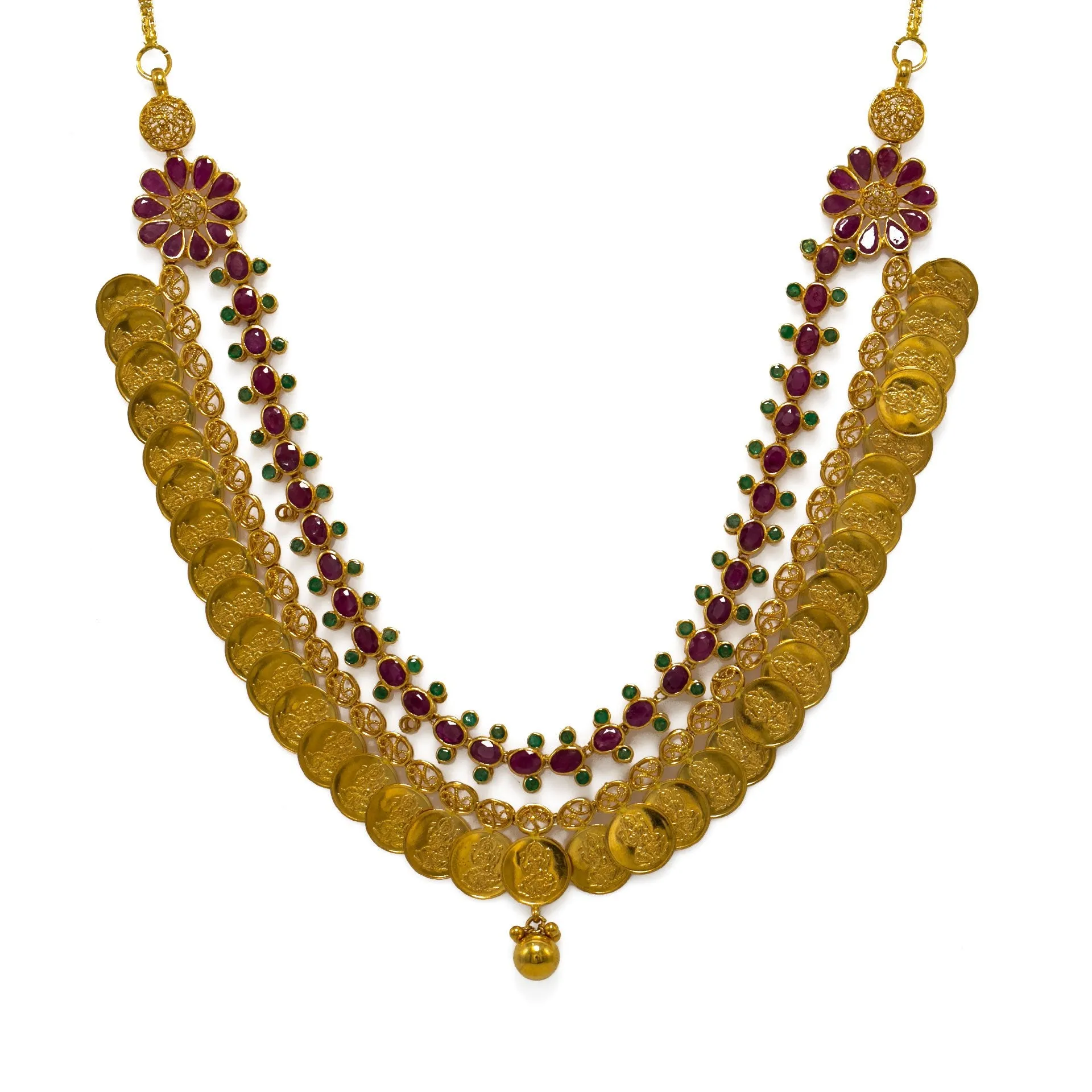 22K  Yellow Gold Necklace & Earrings Set W/ Rubies, Emeralds, CZ Gems, Double Strand Laxmi Kasu Necklace