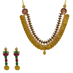 22K  Yellow Gold Necklace & Earrings Set W/ Rubies, Emeralds, CZ Gems, Double Strand Laxmi Kasu Necklace