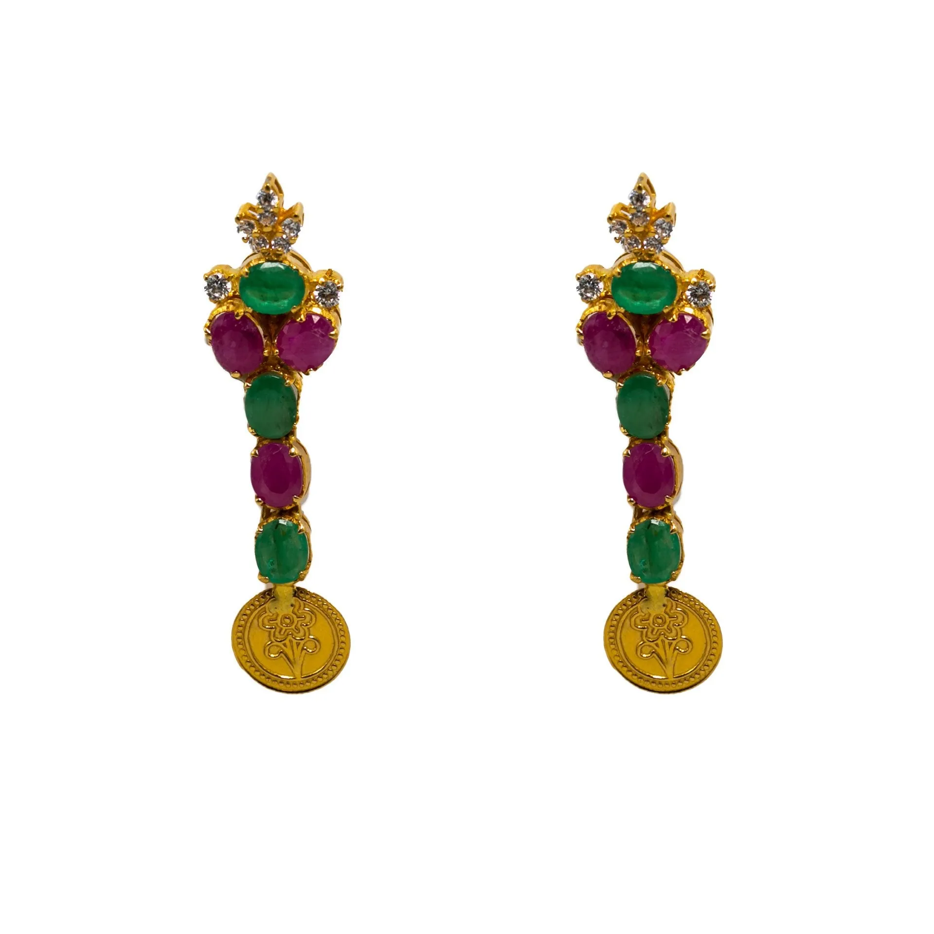 22K  Yellow Gold Necklace & Earrings Set W/ Rubies, Emeralds, CZ Gems, Double Strand Laxmi Kasu Necklace