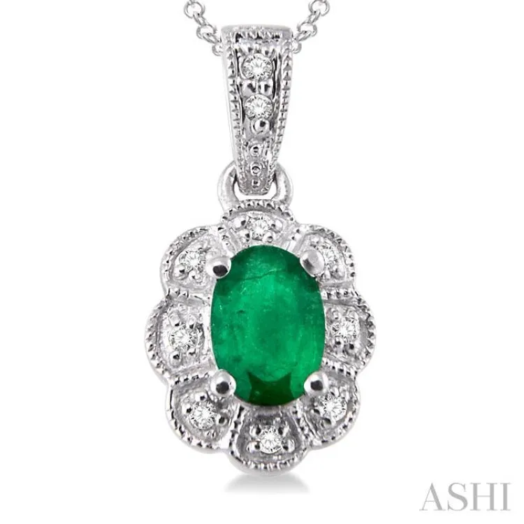 6x4  MM Oval Cut Emerald and 1/20 ctw Single Cut Diamond Pendant in Sterling Silver with Chain