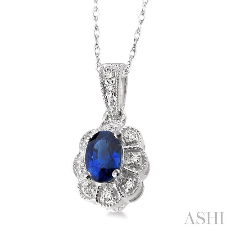 6x4mm Oval Cut Sapphire and 1/20 Ctw Single Cut Diamond Pendant in 10K White Gold with Chain