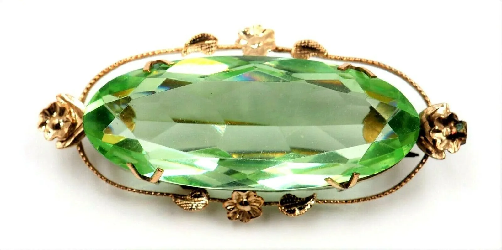 9ct Yellow Gold Green Paste Gemstone Vintage Brooch