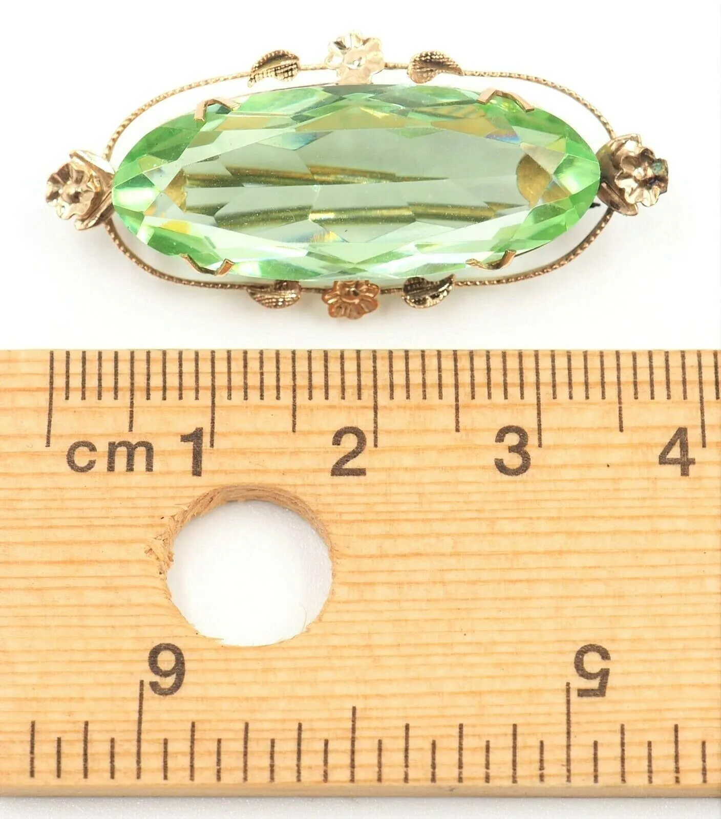 9ct Yellow Gold Green Paste Gemstone Vintage Brooch