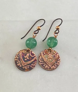 Acid etched copper earrings with aventurine gemstones