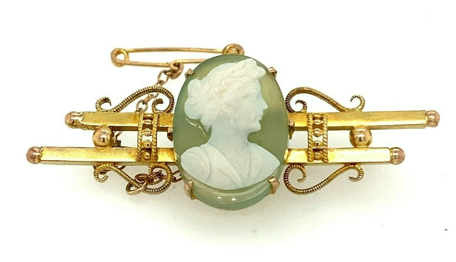 Agate Cameo & 9ct Yellow Gold Vintage Double Bar Brooch