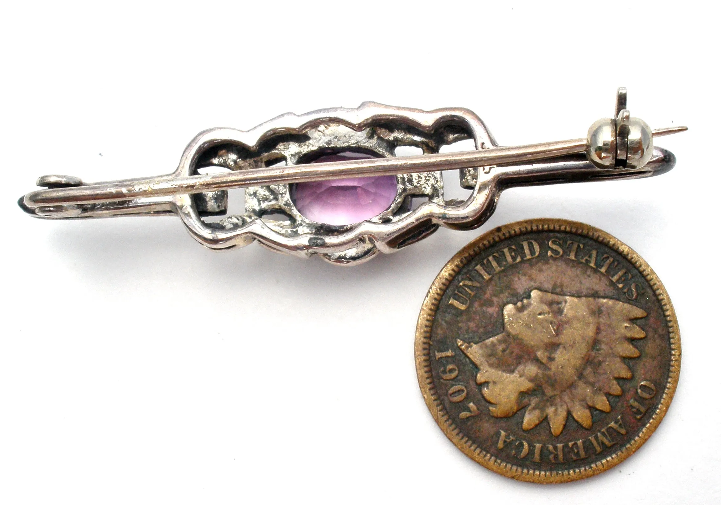 Amethyst & Marcasite Sterling Silver Bar Pin