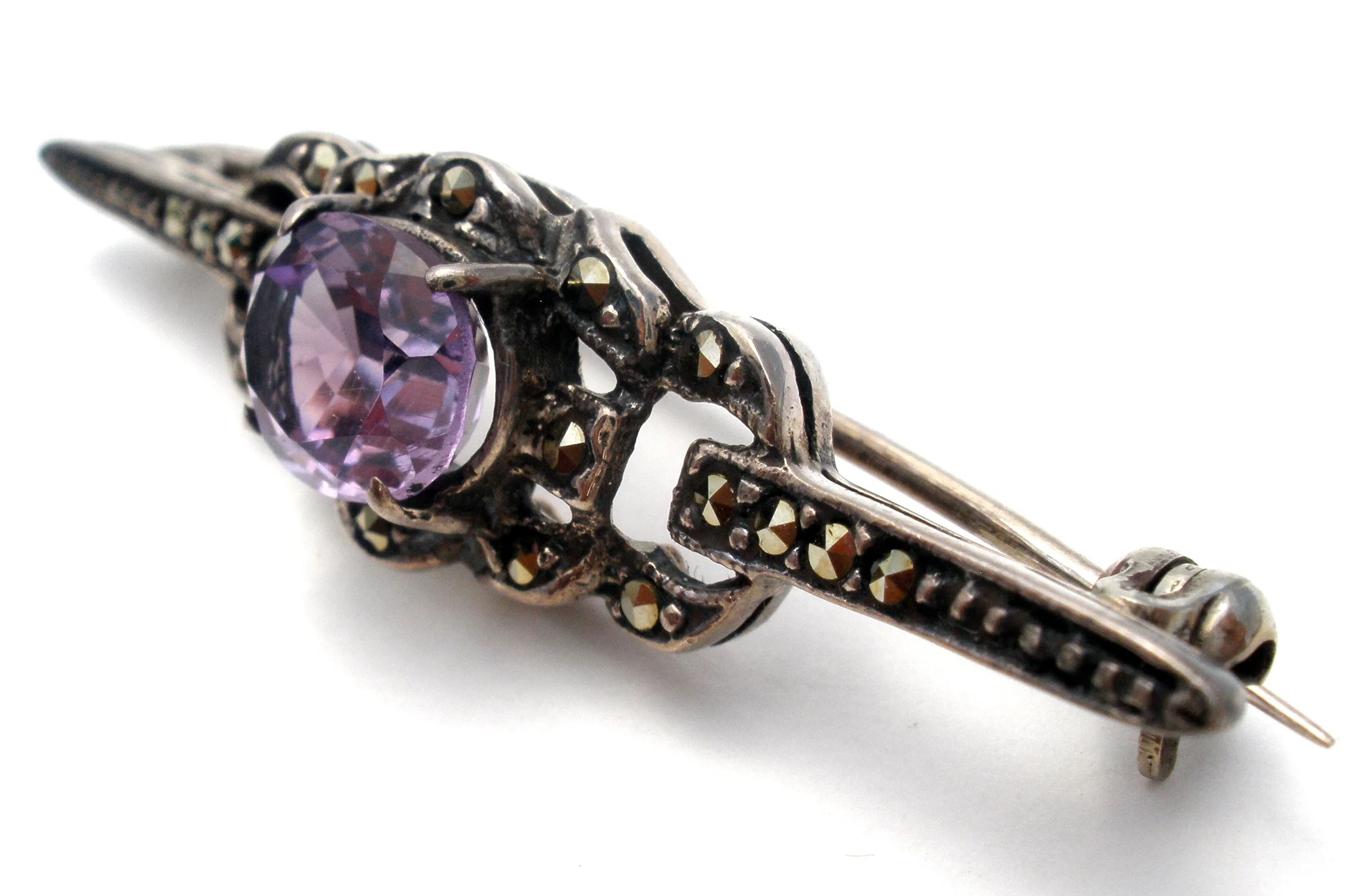 Amethyst & Marcasite Sterling Silver Bar Pin