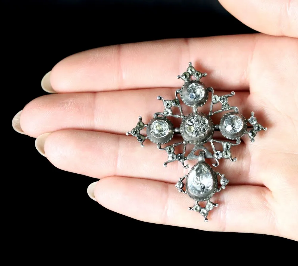 Antique Georgian Paste Cross Brooch Silver Circa 1780