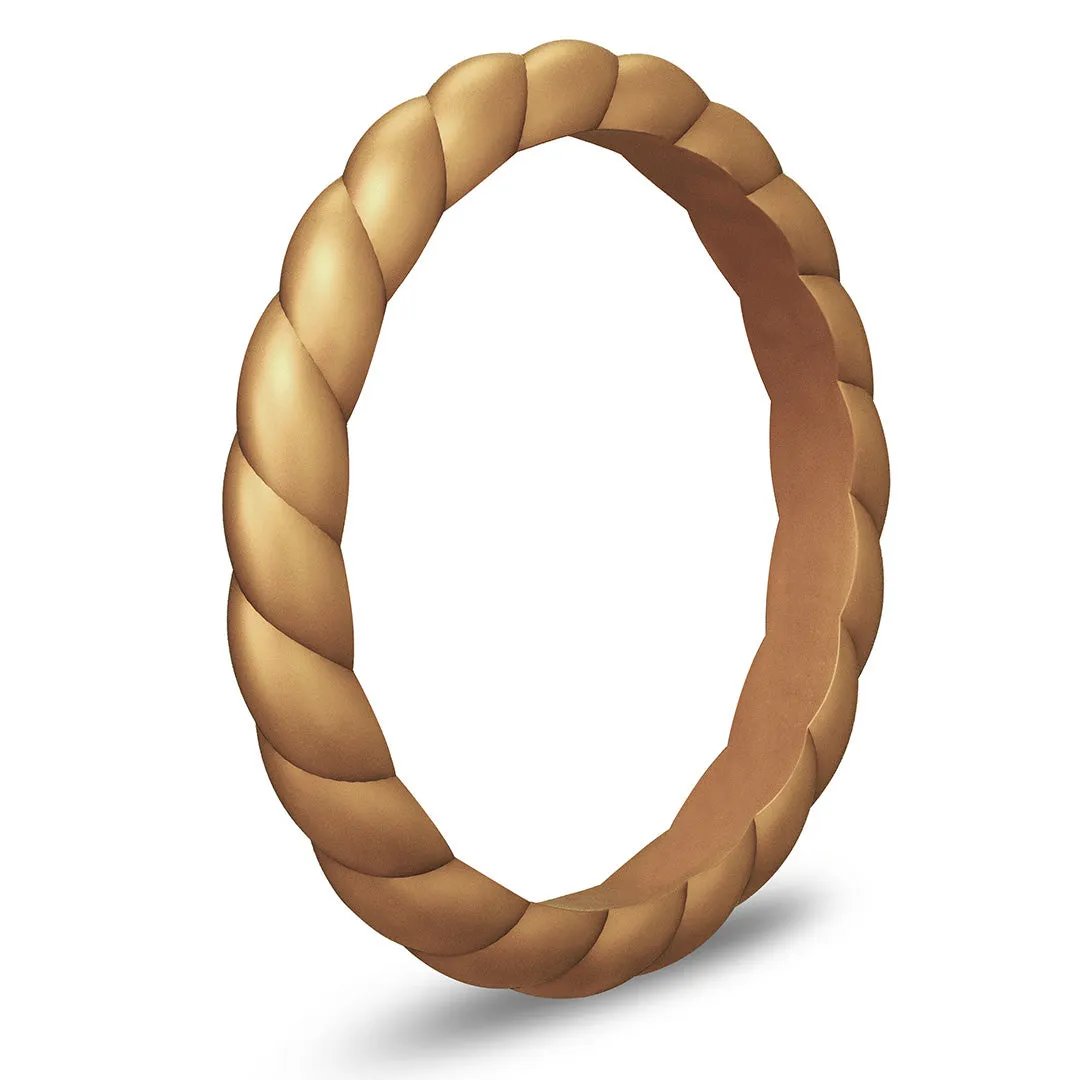 Antique Gold Braided Slim Silicone Ring, Stackable Thin Band