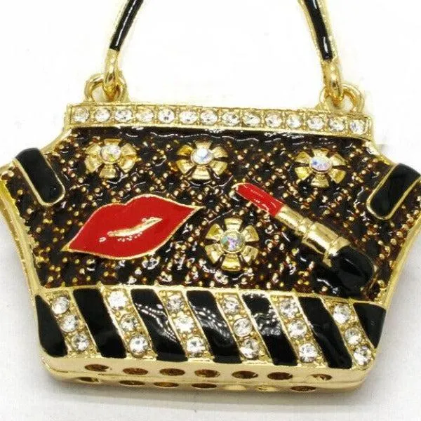 Betsey Johnson Handbag Black Purse Lipstick Lips Crystal Necklace