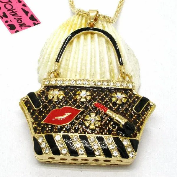 Betsey Johnson Handbag Black Purse Lipstick Lips Crystal Necklace