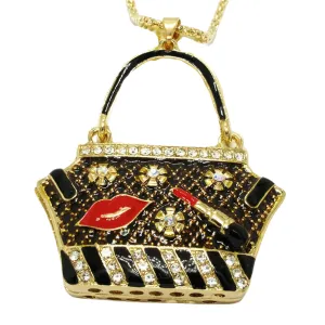 Betsey Johnson Handbag Black Purse Lipstick Lips Crystal Necklace