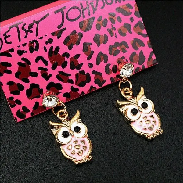 Betsey Johnson Owl Pink Enamel Rhinestone Earrings