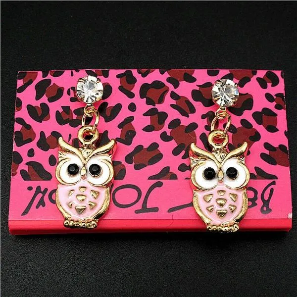 Betsey Johnson Owl Pink Enamel Rhinestone Earrings