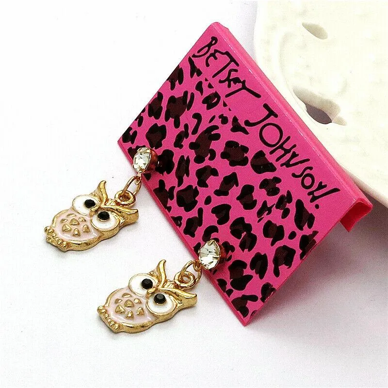 Betsey Johnson Owl Pink Enamel Rhinestone Earrings