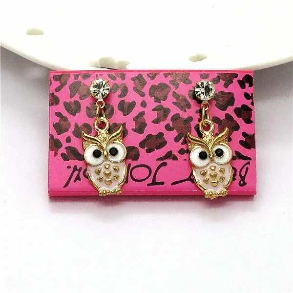 Betsey Johnson Owl Pink Enamel Rhinestone Earrings