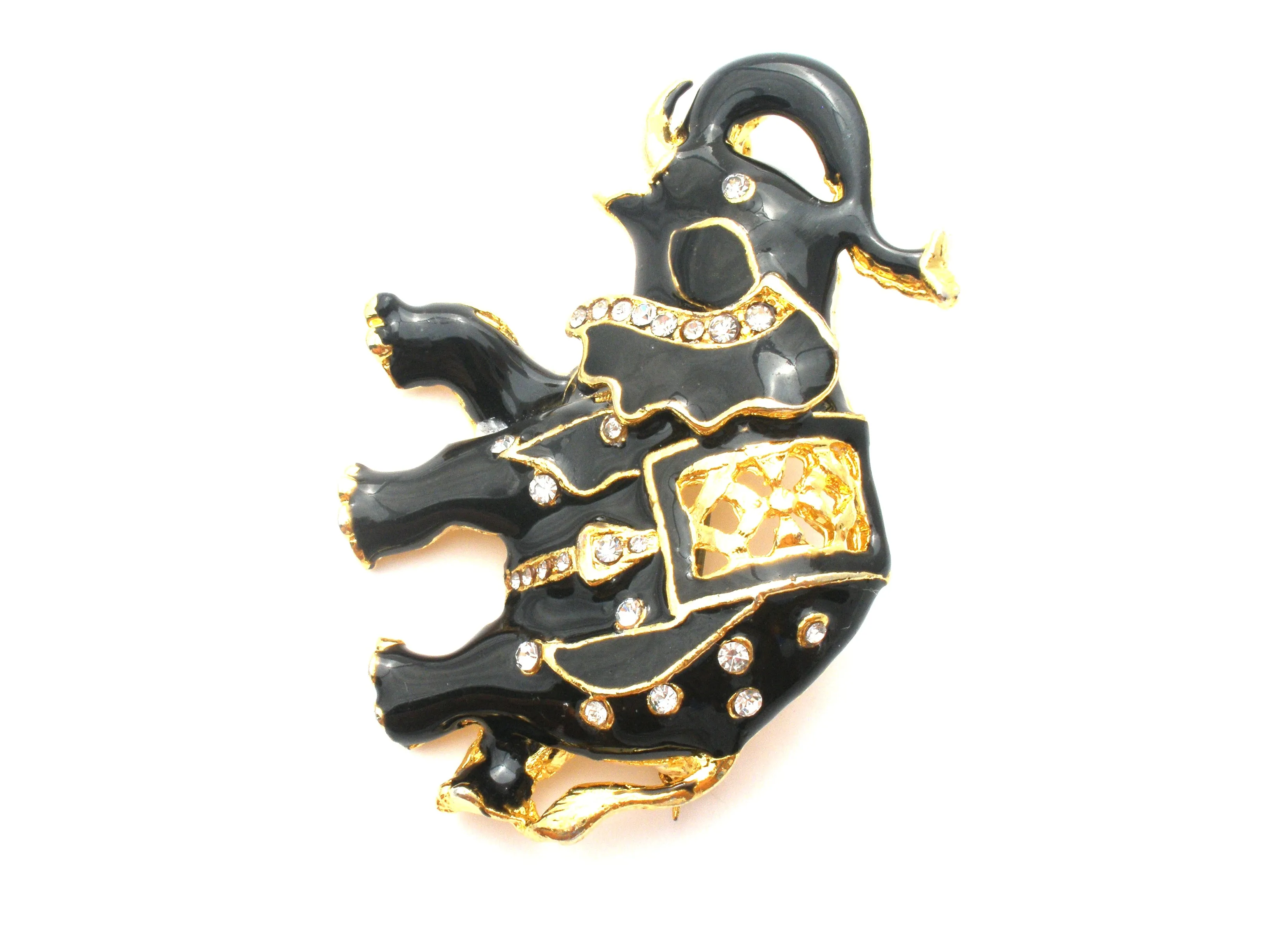 Black Enamel Elephant With Rhinestones Vintage Pin