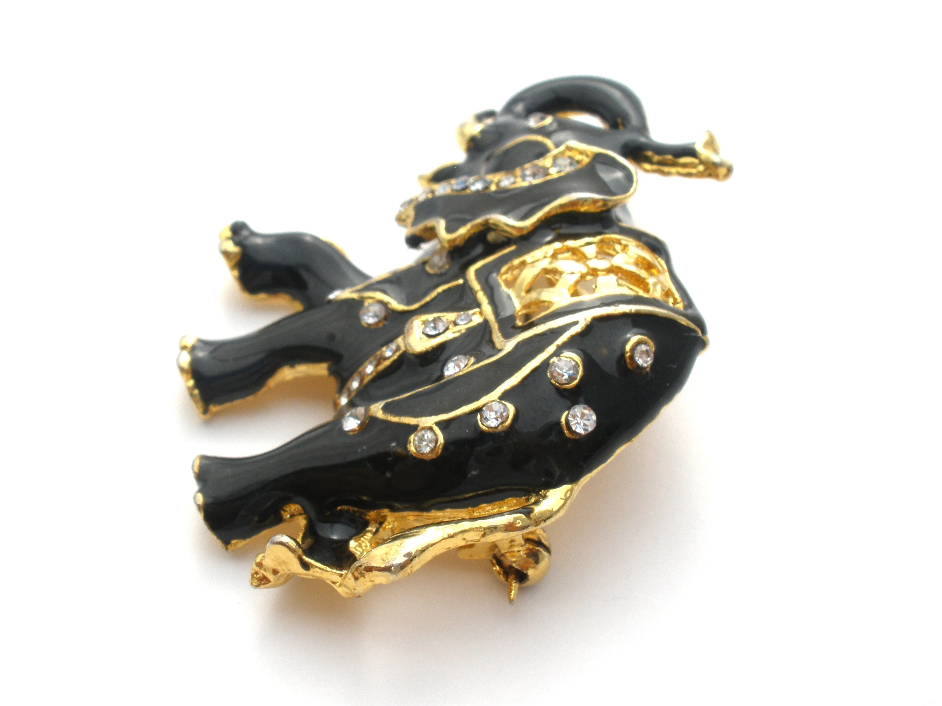 Black Enamel Elephant With Rhinestones Vintage Pin