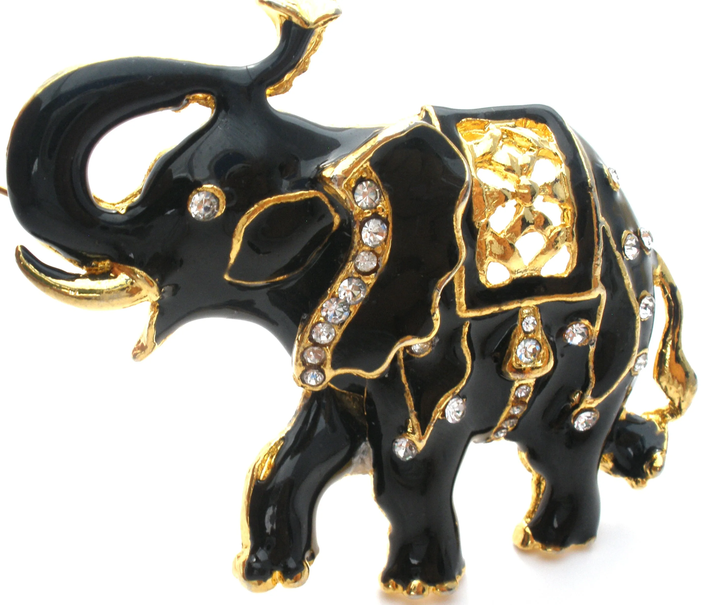 Black Enamel Elephant With Rhinestones Vintage Pin