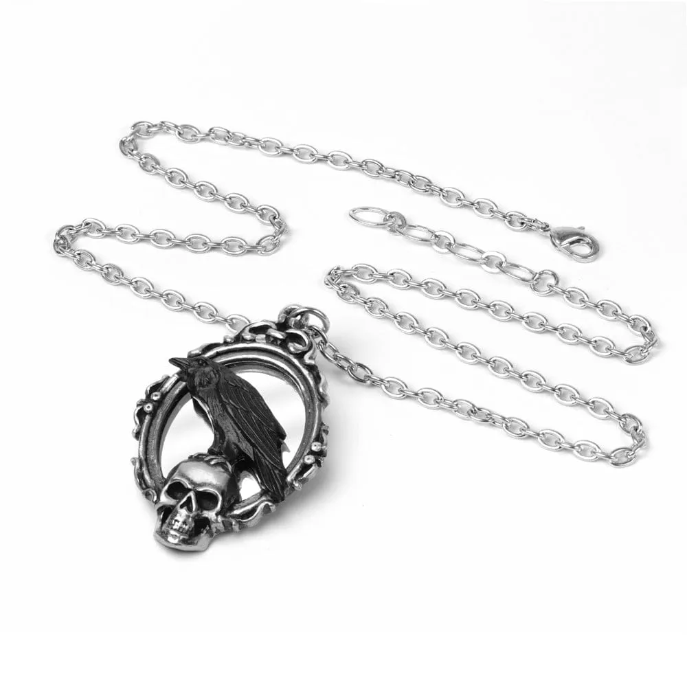 Black Raven Sitting On Skulls Head Mirror Pendant