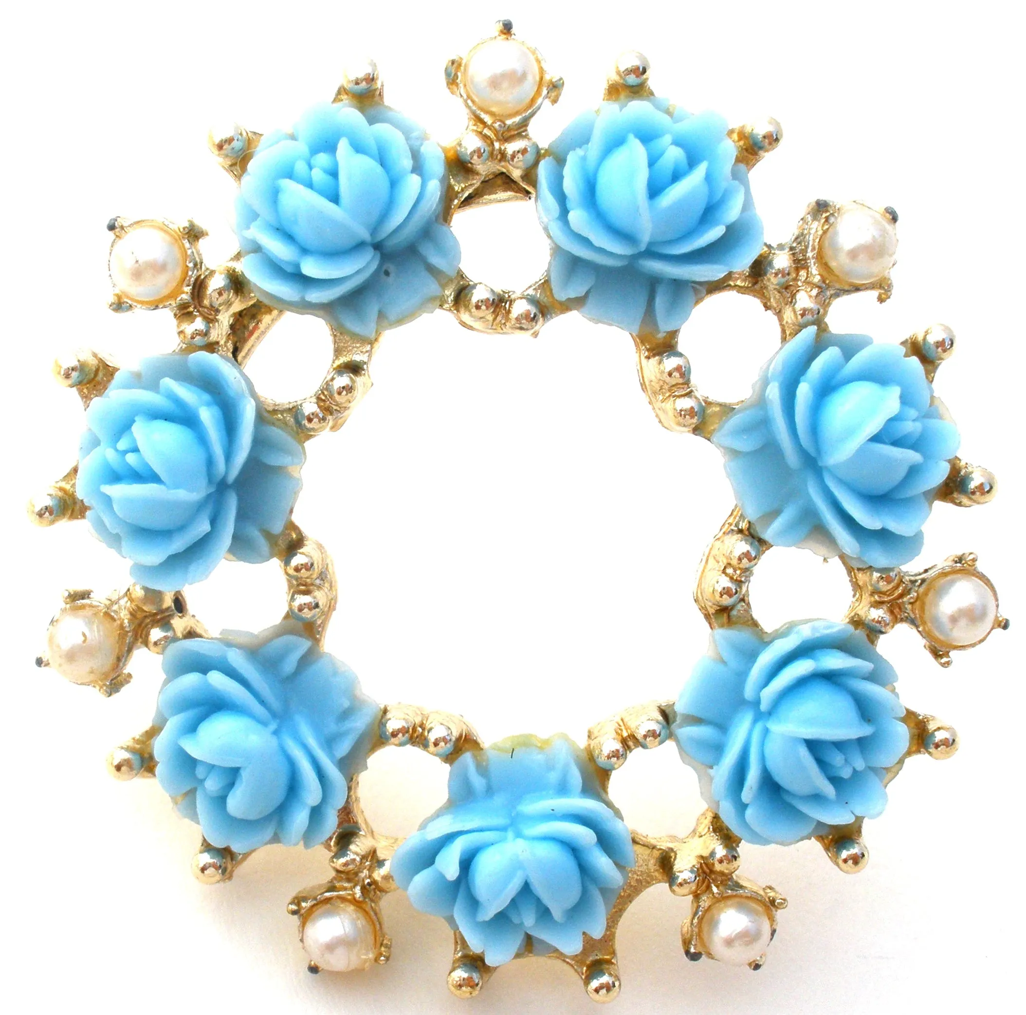 Blue Rose & Pearl Wreath Brooch Pin Vintage