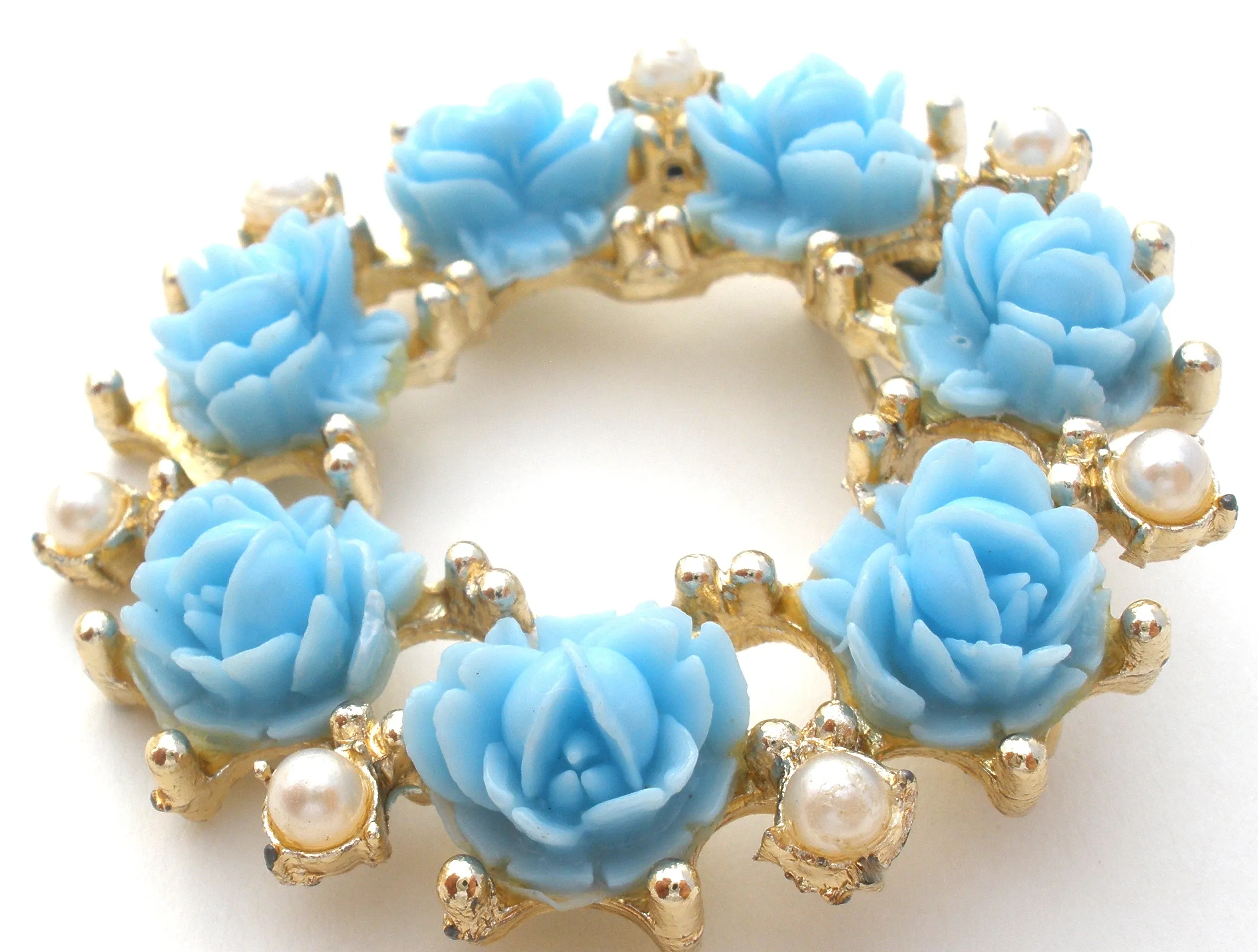 Blue Rose & Pearl Wreath Brooch Pin Vintage