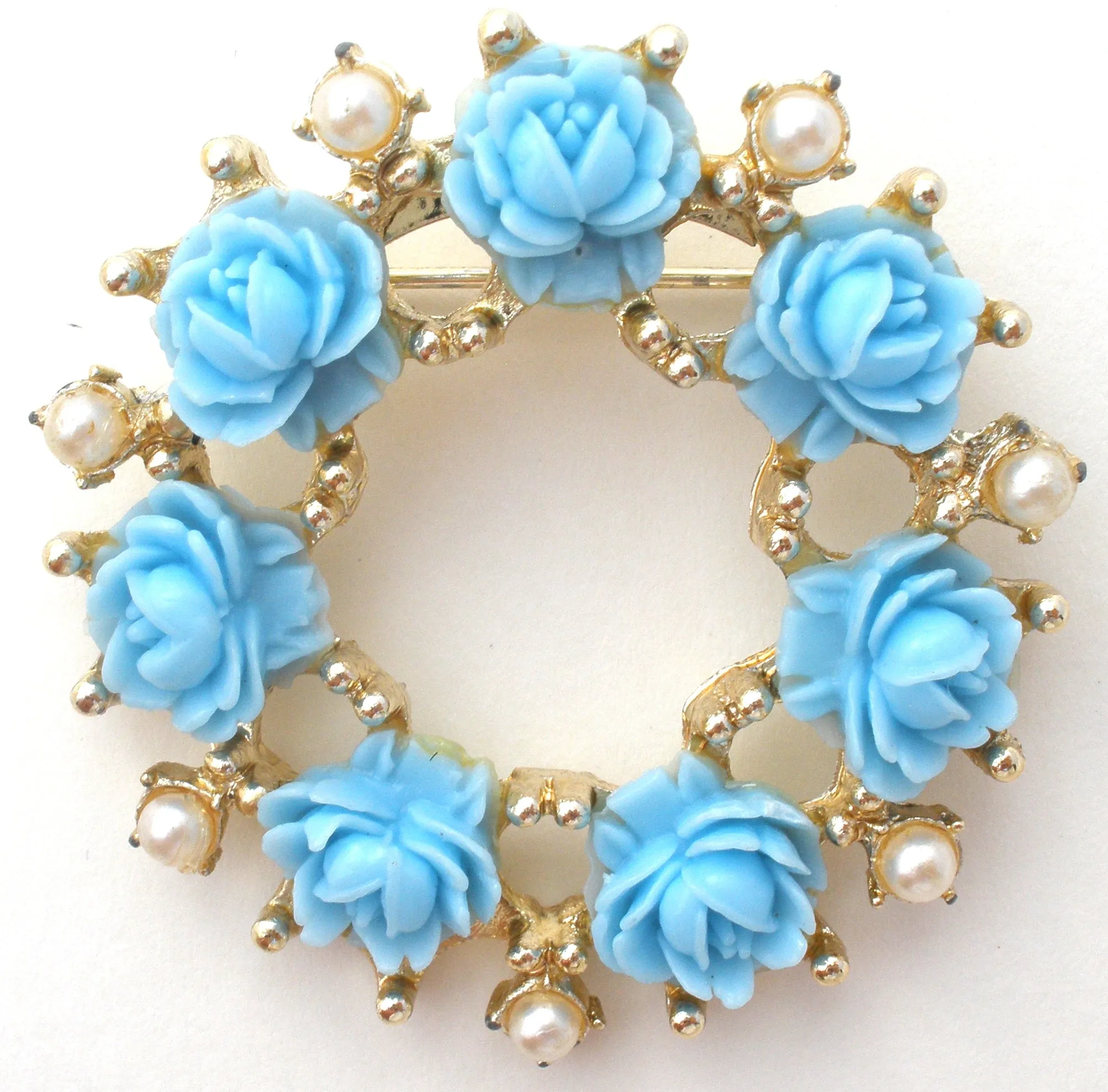 Blue Rose & Pearl Wreath Brooch Pin Vintage