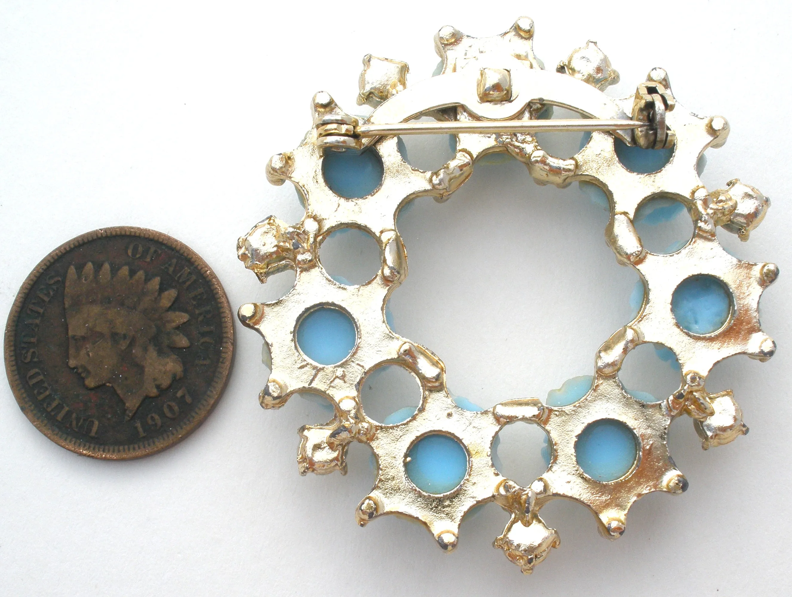 Blue Rose & Pearl Wreath Brooch Pin Vintage