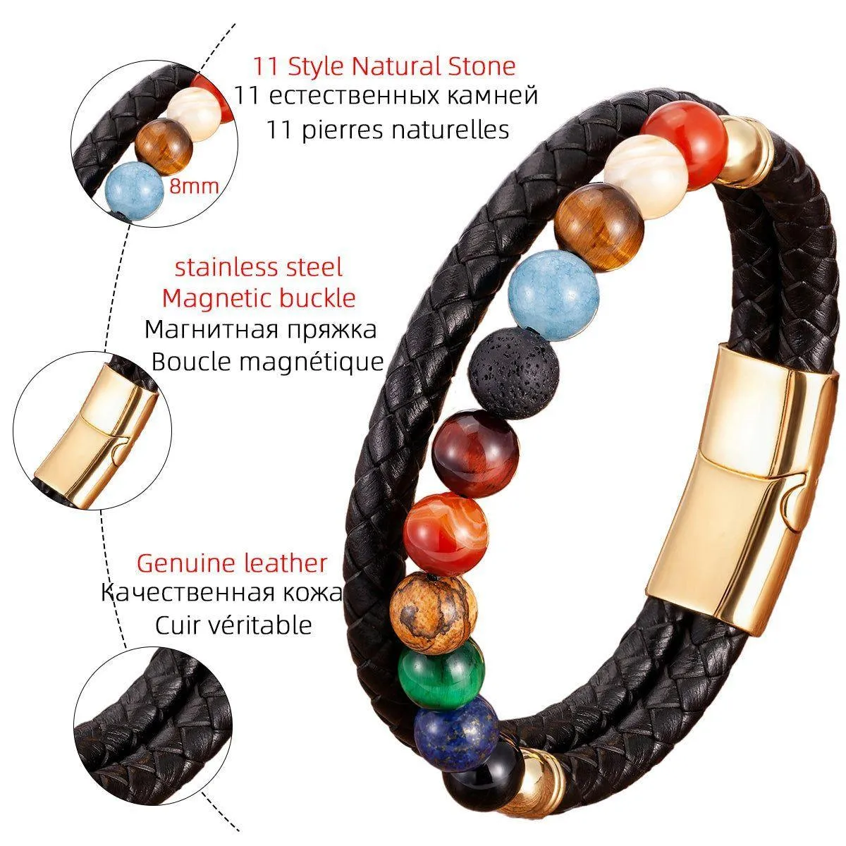 Bracelets Charm Jewelry YMTOS15 Leather Eight Planets Natural Stone