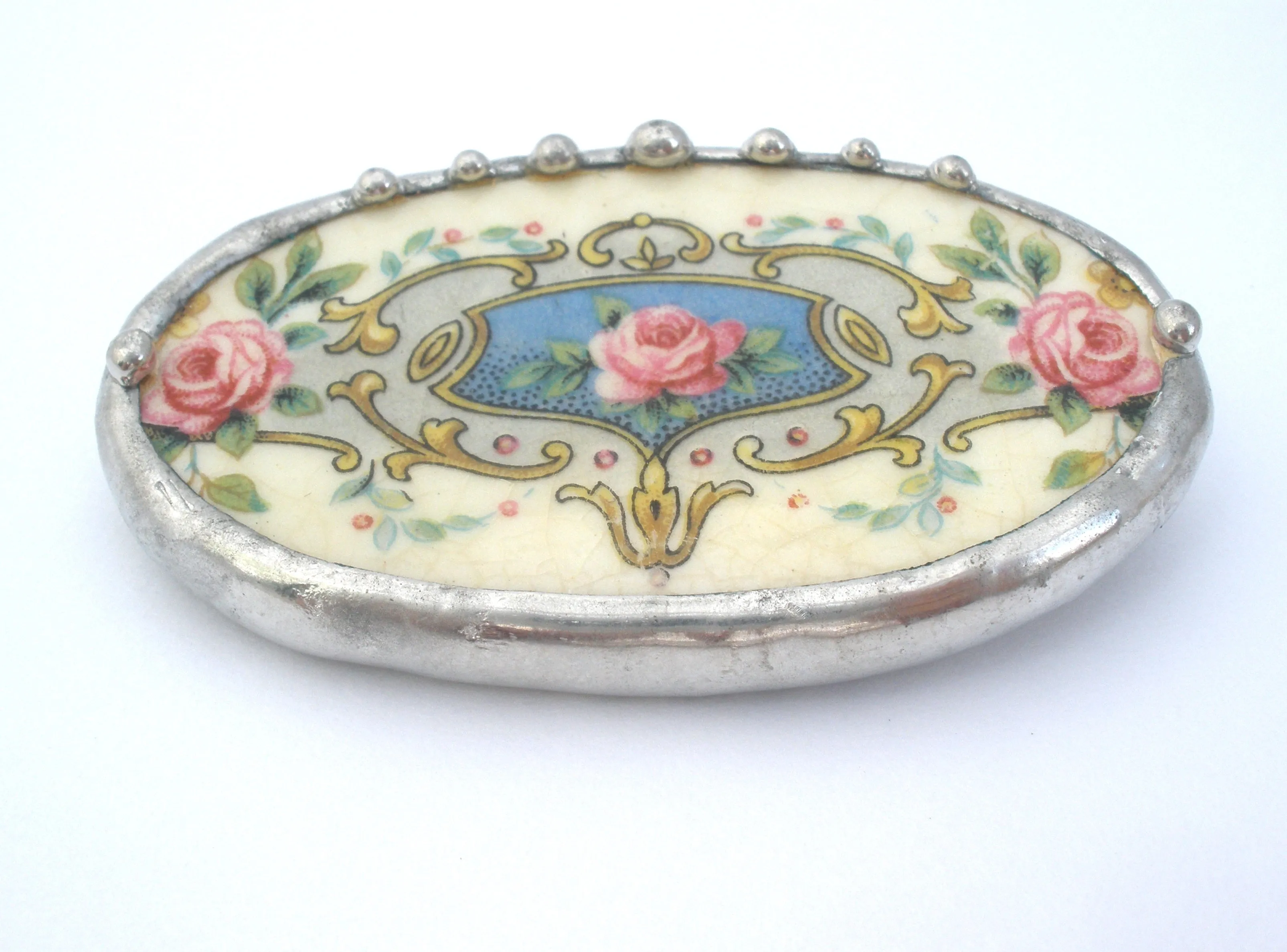 Broken China Rose Oval Brooch Vintage