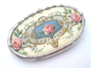 Broken China Rose Oval Brooch Vintage