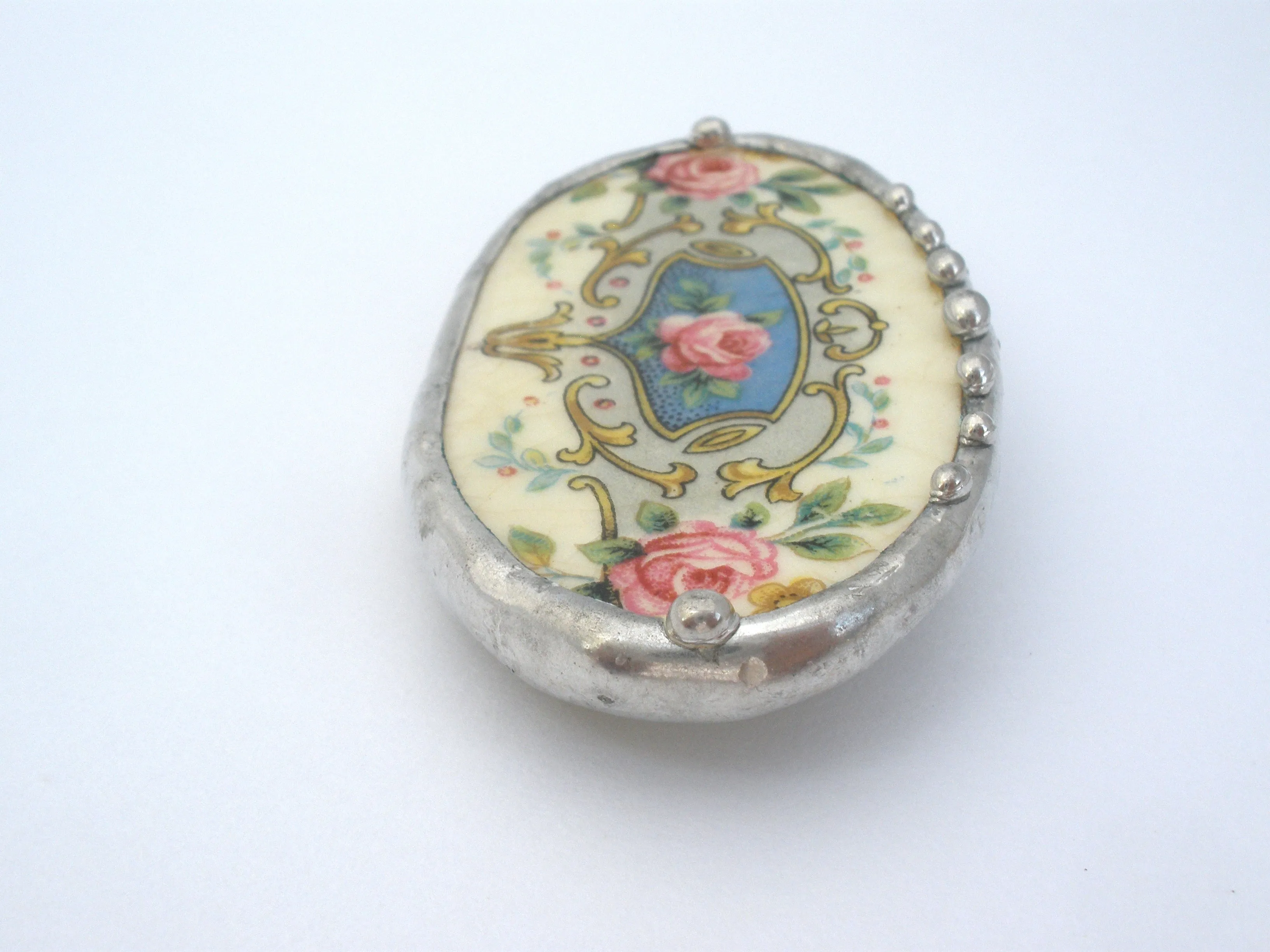 Broken China Rose Oval Brooch Vintage