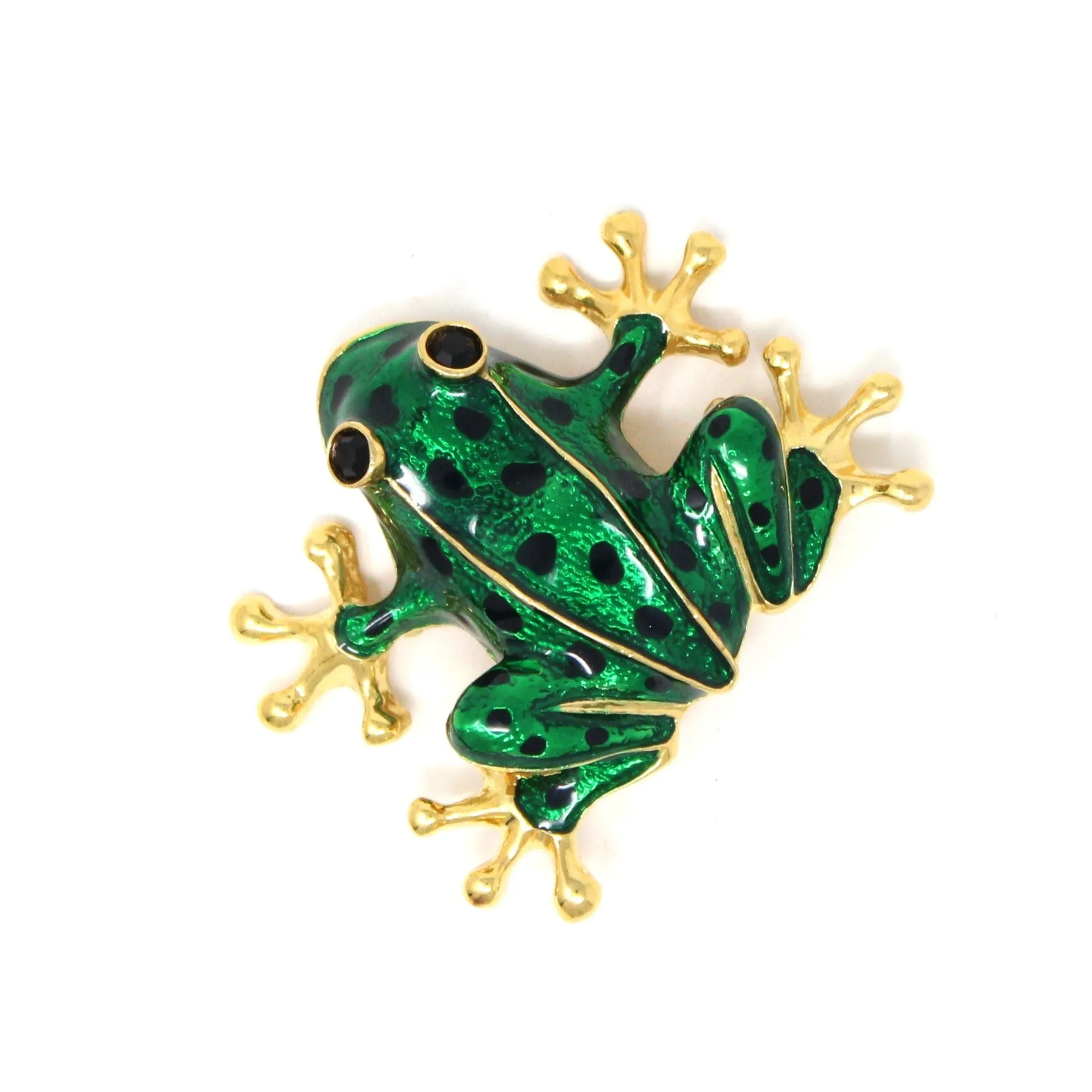 Brooch / Pin, Figural Frog, Green Enamel with Black Stones, Gold Tone, Vintage