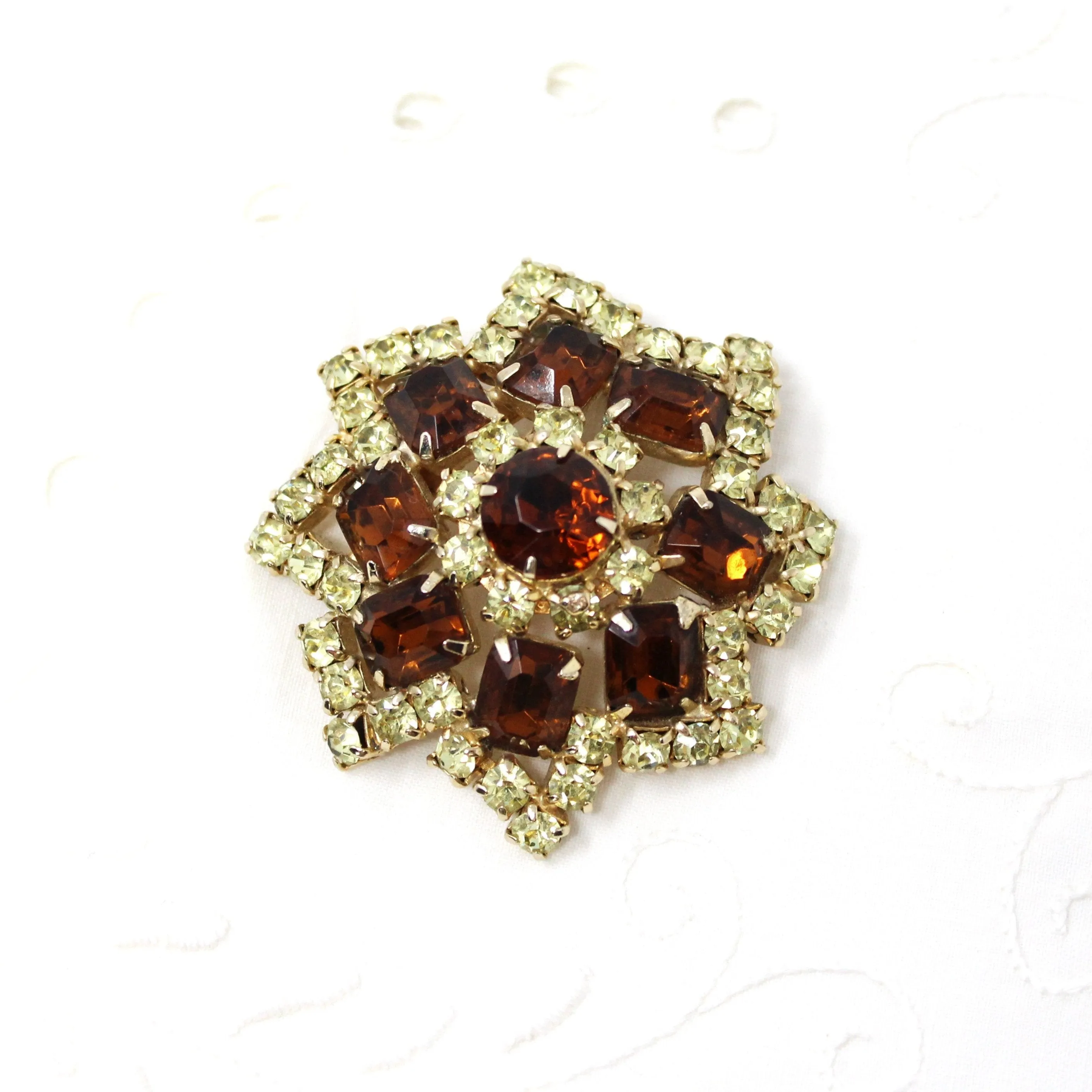 Brooch / Pin, Large Amber & Citrine Rhinestones, Prong Set, Gold Tone, Vintage