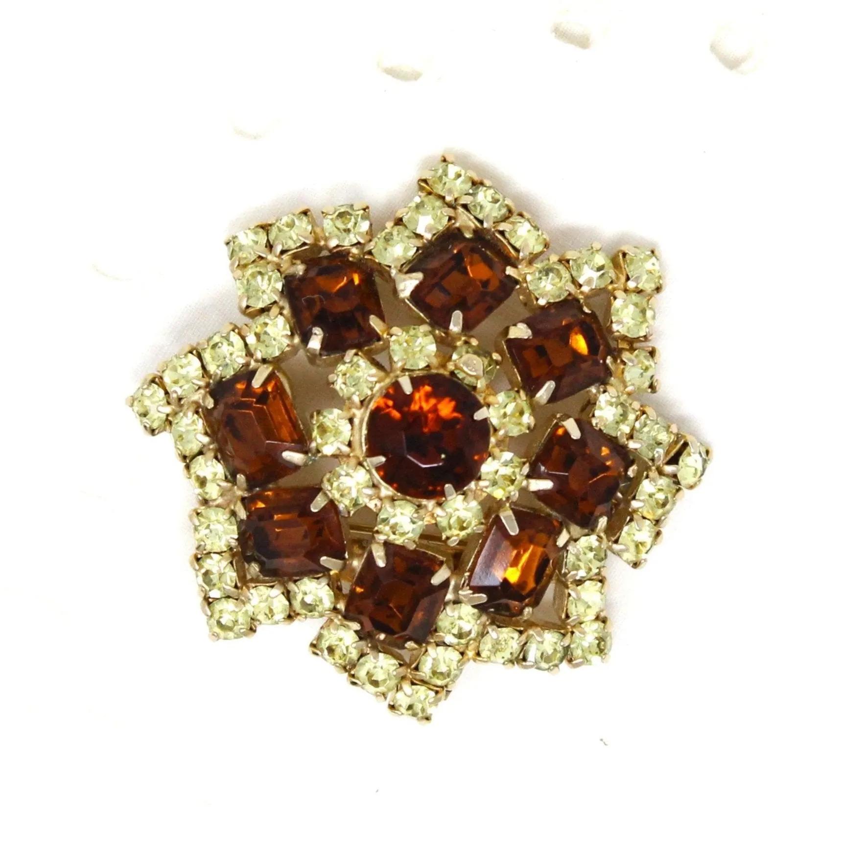 Brooch / Pin, Large Amber & Citrine Rhinestones, Prong Set, Gold Tone, Vintage